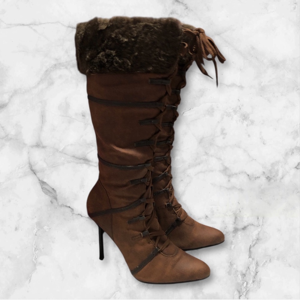 Ellie Brown Fur-Trimmed Lace-Up Heeled Boots